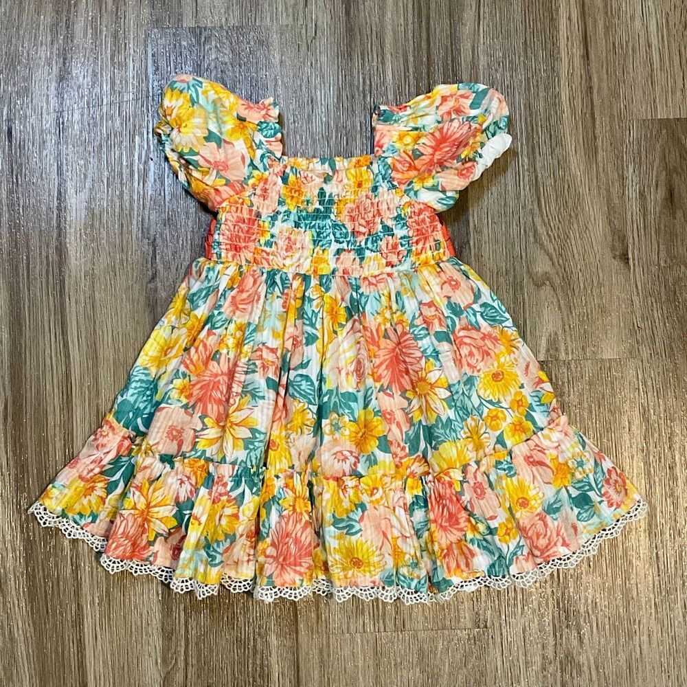 Joie Baby‎ Girls Short Puff Sleeve Floral Dress with Bow Ruffles Lined Size 18M